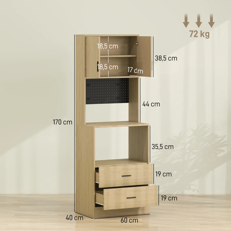 HOMCOM Meuble micro-ondes, buffet, 2 tiroirs, 2 portes, plan de travail, étagère réglable, panneau perforé, 4 crochets, naturel
