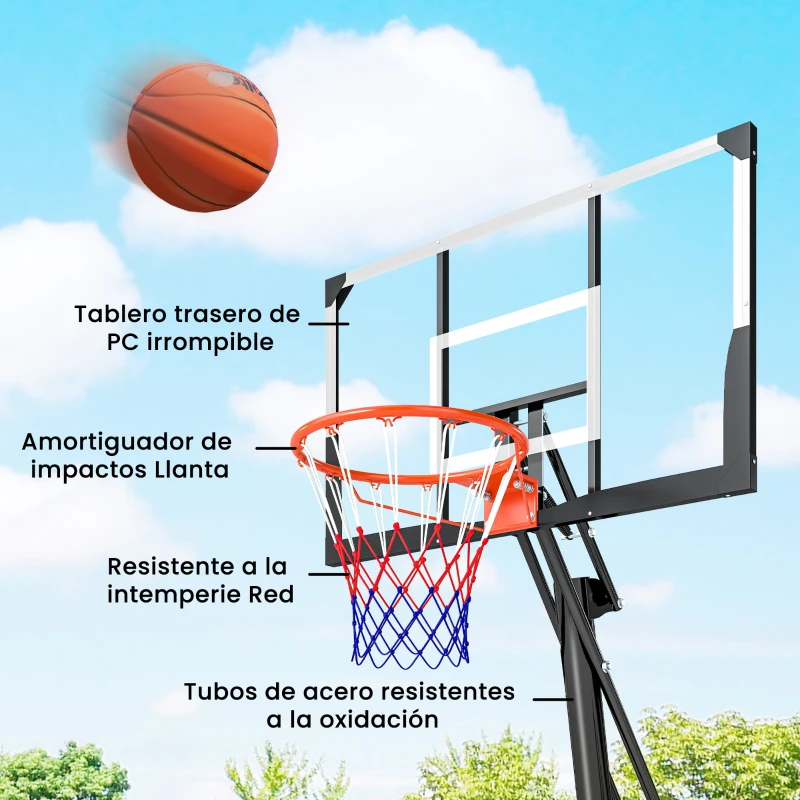 SPORTNOW Canasta de Baloncesto para Exterior Ajustable de 245-305 cm con Ruedas Base Rellenable y Sistema de Retorno Negro