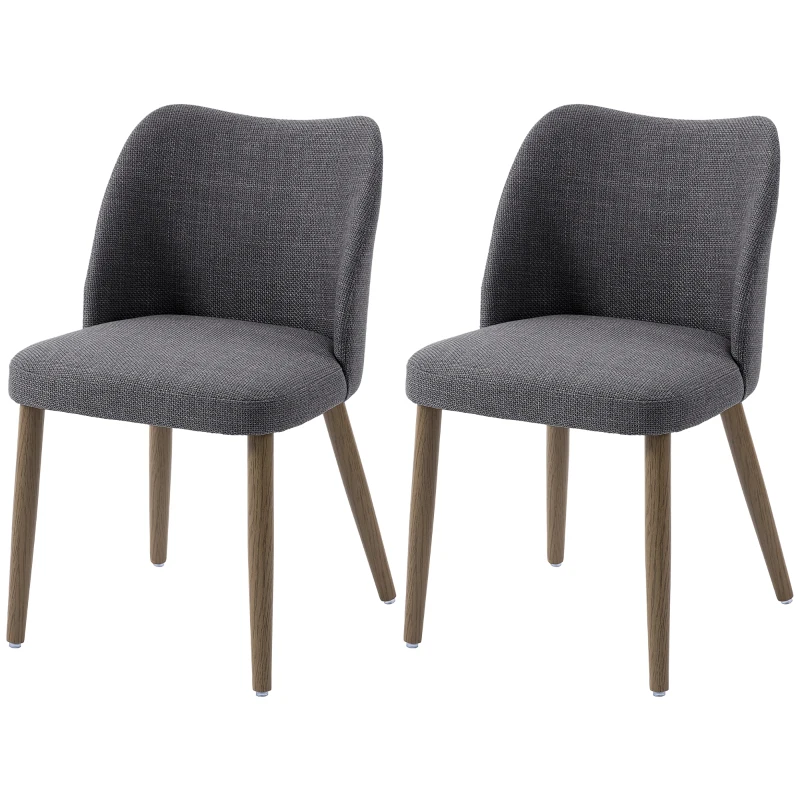 HOMCOM Dining Chairs Set of 2, Linen Upholstered Kitchen Chairs with Padded Seat, Curved Backrest, Rubberwood Legs, Dark Grey