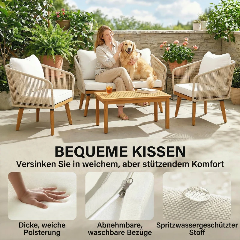 Outsunny Gartenmöbel Set 4-teilig Polyrattan Lounge-Set mit Zweisitzer 2 Sessel Akazienholz-Lamellentisch dicke waschbare Kissen