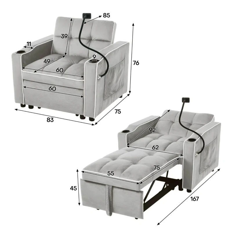 Divano letto estraibile 3-in-1, con portabicchieri e porta smartphone, rivestimento in velluto, struttura in metallo, 83x167x76 cm, Grigio e bianco