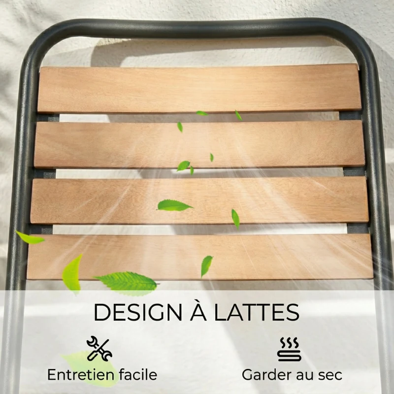 Outsunny Lot de 2 Chaises de Jardin Empilables, Assise et Dossier en Bois Massif à Lattes, Cadre en Acier, 61x47x81cm, Naturel