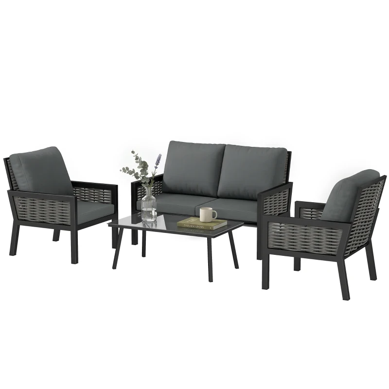 Outsunny 4 Seater Rattan Garden Furniture Set with 2 Armchairs, Loveseat, Coffee Table, Garden Sofa Set with Cushions, Dark Grey