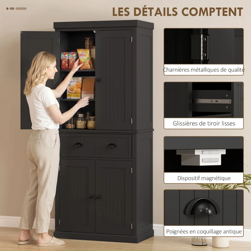 HOMCOM Buffet haut cuisine, armoire de cuisine avec 4 portes, tiroir et étagères réglables, 76,2 x 40,2 x 183 cm, noir