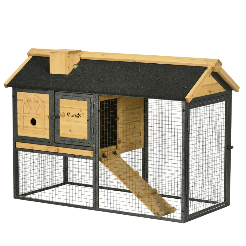 PawHut Cusca de Exterior pentru Iepuri, Cusca cu Tava Detasabila, Curte, Rampa, Casa pentru Animale Mici(m-17)