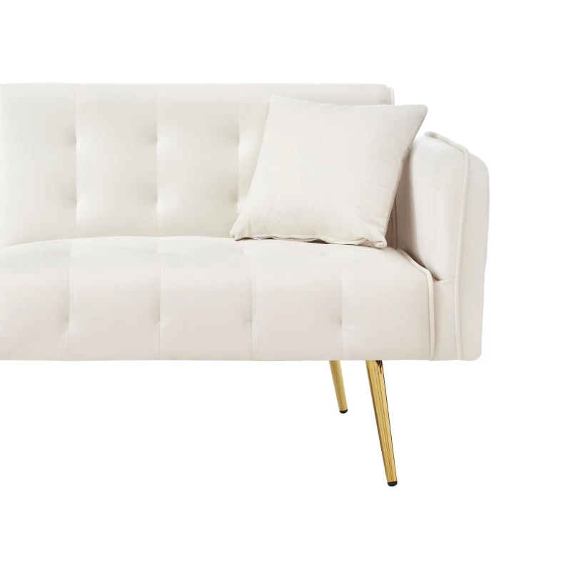 Divano-letto 2 posti, rivestimento in velluto, piedi dorati, 178x82x70 cm, Bianco