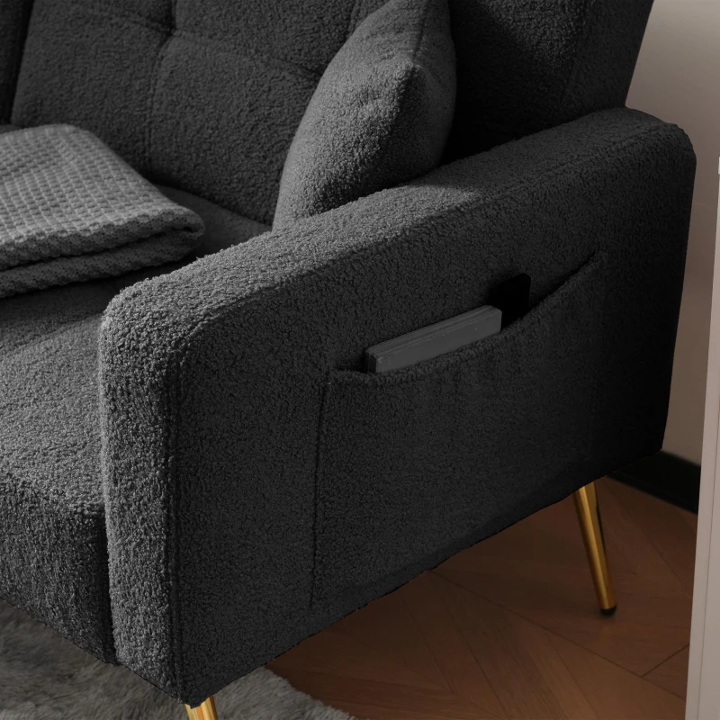 Divano letto con funzione letto, schienale regolabile, gambe dorate, rivestimento in sherpa, 175x64x72 cm, Grigio