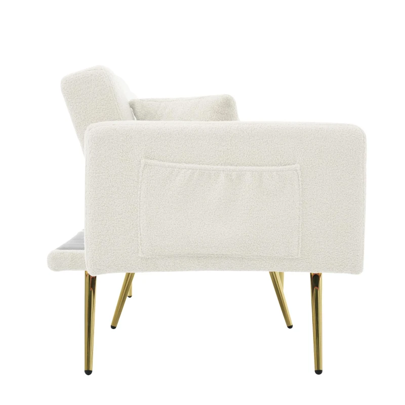 Divano letto con funzione letto, schienale regolabile, gambe dorate, rivestimento in sherpa, 175x64x72 cm, Bianco