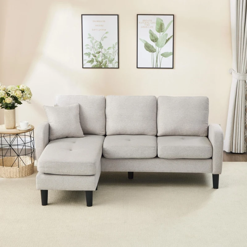 Divano angolare a forma di L con chaise longue, rivestimento in cotone-lino, cuscini inclusi, 166x118x77 cm, Grigio e bianco