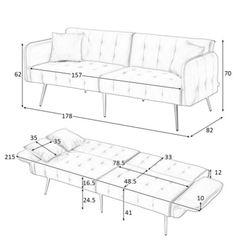 Divano-letto 2 posti, rivestimento in velluto, piedi dorati, 178x82x70 cm, Beige
