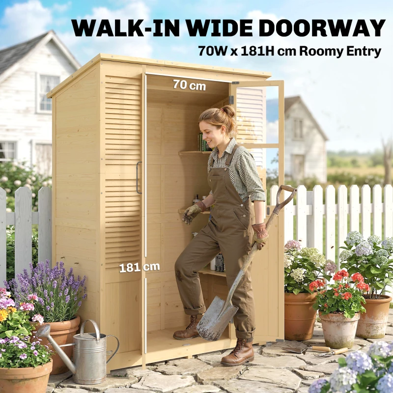 Outsunny Drewniany schowek ogrodowy z półkami, akrylowymi oknami, podwójnymi drzwiami, dachem asfaltowym, wentylacją i podwyższoną podstawą