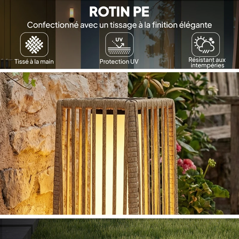 Outsunny Lanterne Solaire Extérieure en résine tressée lampadaire sans fil rechargeable  capteur de lumière 19 x 19 x 68 cm sable