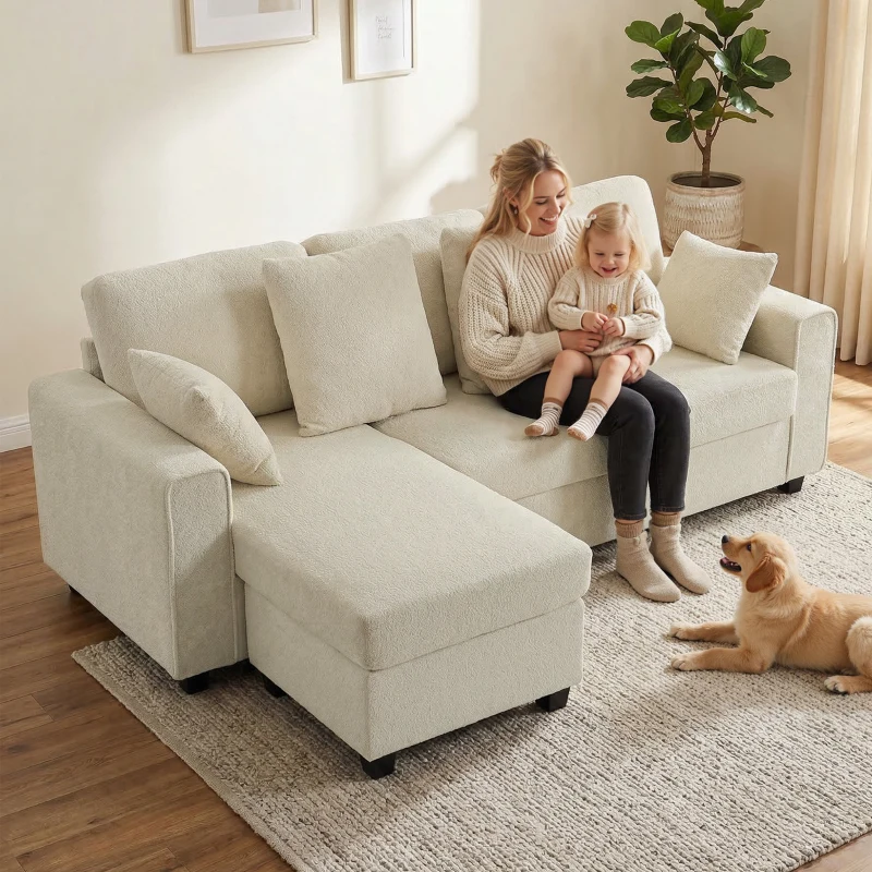 HOMCOM Narożna sofa z odwracalnym szezlongiem, 3-osobowa kanapa z aksamitnym wyglądem, szerokie i głębokie siedzisko, poduszki sprężynowe, beżowa