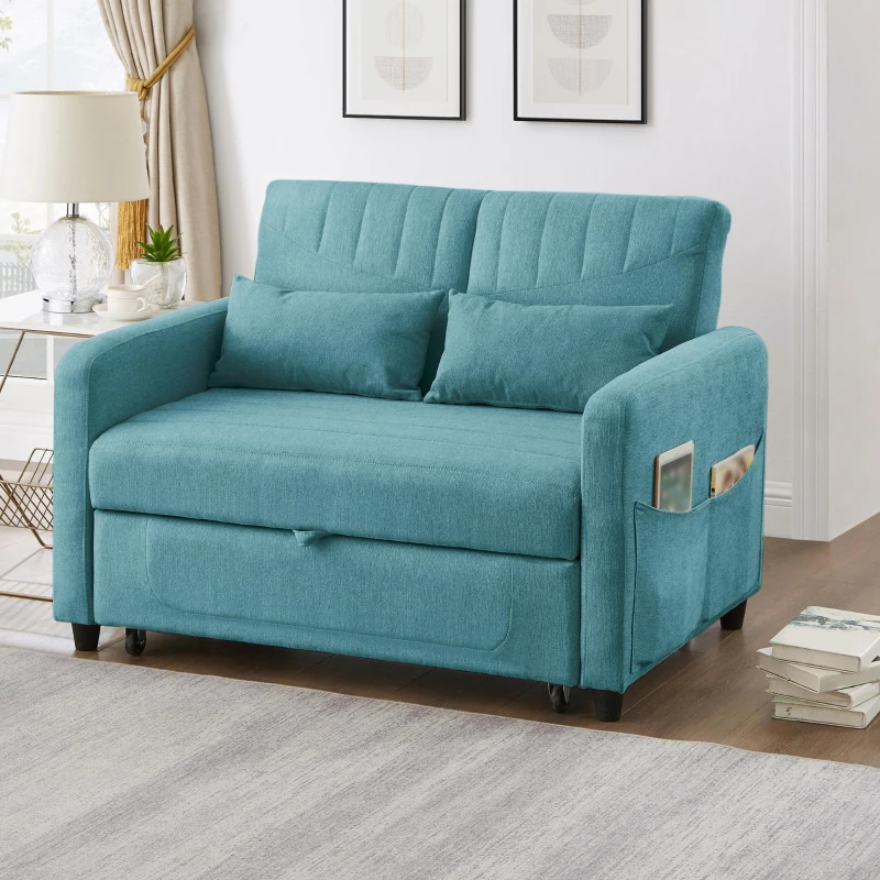 Divano pieghevole a due posti, rivestimento in cotone e lino, 114x77x82,5 cm, Blu-verde