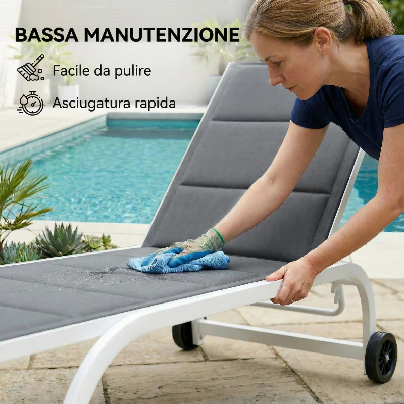 Outsunny Lettino Prendisole da Giardino con Ruote, in Texteline con Telaio in Alluminio, Grigio Scuro e Bianco