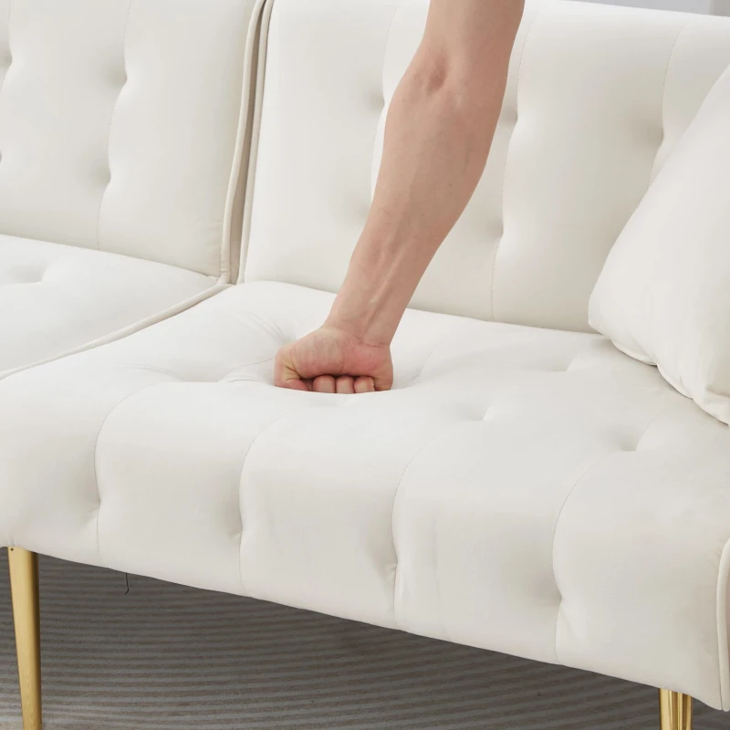 Divano-letto 2 posti, rivestimento in velluto, piedi dorati, 178x82x70 cm, Bianco
