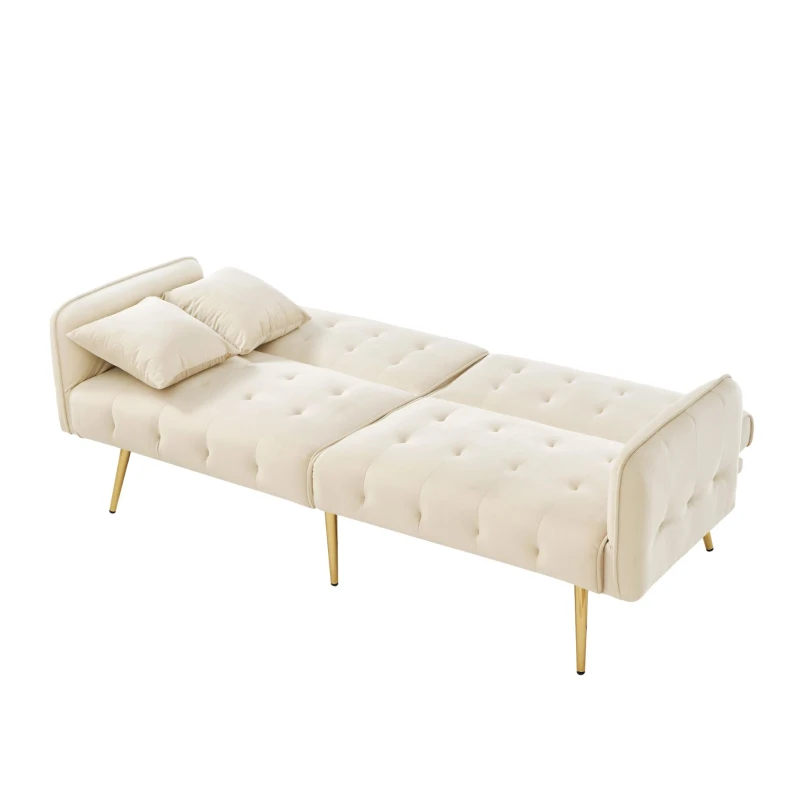 Divano-letto 2 posti, rivestimento in velluto, piedi dorati, 178x82x70 cm, Beige