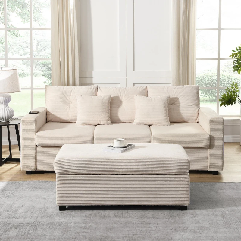 Divano a L con LED, rivestimento in velluto a coste, ottomana, 184x84,5x85,5 cm, Beige