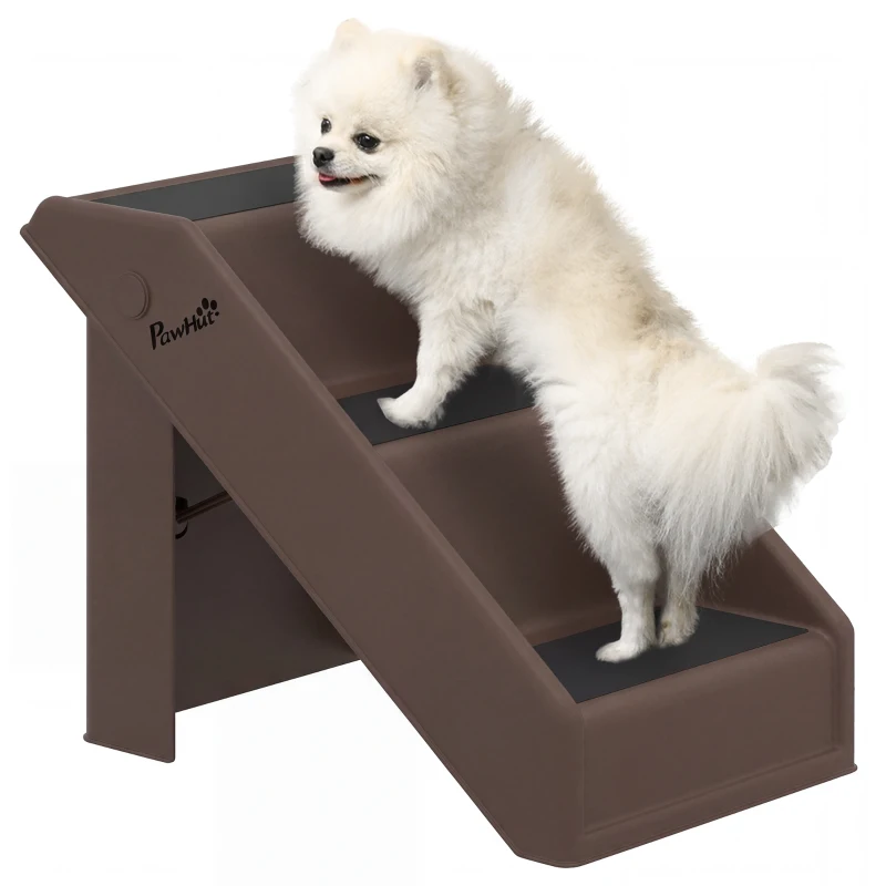 PawHut Hundetreppe 3 Stufen 36,5 cm Hoch Haustiertreppe für Kleine Hunde klappbar für Bett, Sofa, Couch Auto Braun