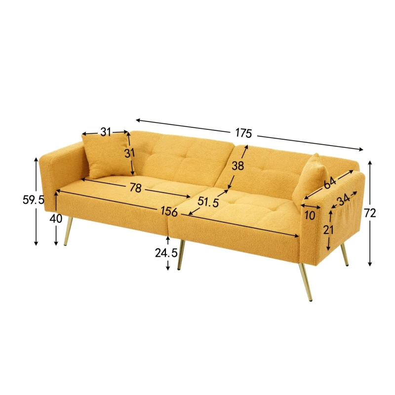 Divano letto con funzione letto, schienale regolabile, gambe dorate, rivestimento in sherpa, 175x64x72 cm, Giallo