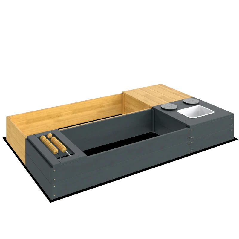 AIYAPLAY Sandkasten 2-teilig 150x90cm Holz Sandkiste mit Sitzbank Stauraum Herd herausnehmbarem Waschbecken Abakusperlen Gelb