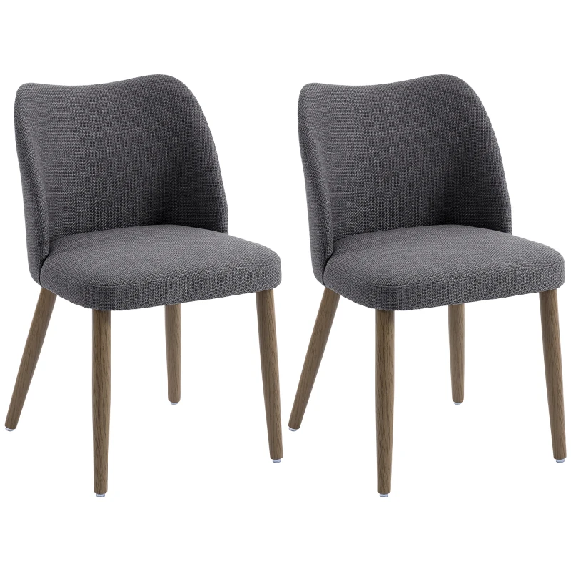 HOMCOM Dining Chairs Set of 2, Linen Upholstered Kitchen Chairs with Padded Seat, Curved Backrest, Rubberwood Legs, Dark Grey