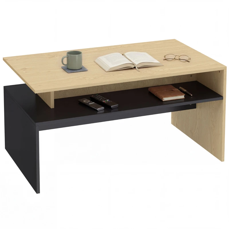 HOMCOM Mesa de Centro Moderna Bicolor con Niveles Escalonados y Estante de Almacenamiento, 95 x 55 x 50 cm, Madera Natural y Negro