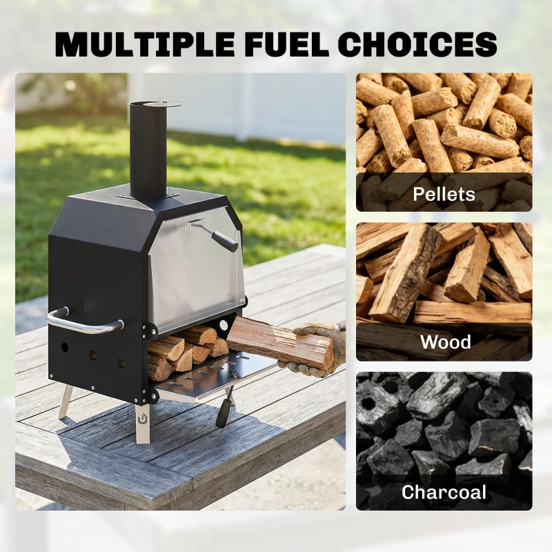 Outsunny Zewnętrzny Piec do Pizzy Opalany Drewnem Stal Nierdzewna 2 Poziomy z Kamieniem do Pizzy 1 cm, Składane Nóżki