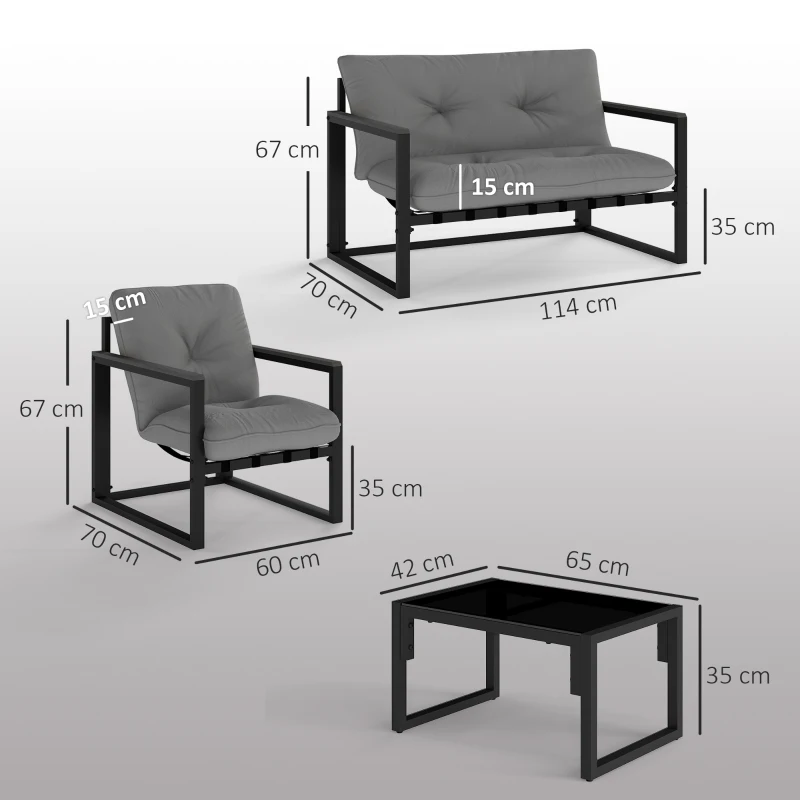 Outsunny Garden Furniture Set, 4 Piece Indoor Outdoor Conservatory with Loveseat Sofa, Armchairs, Glass Top Coffee Table, Cushions for Balcony, Poolside, Patio, Dark Grey