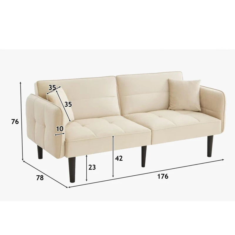 Divano-letto 2-in-1, schienali regolabili, rivestimento in velluto, gambe in legno, 176x78x76 cm, Beige