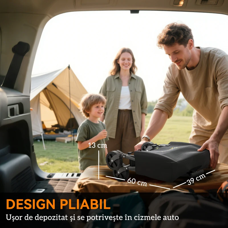 Outsunny Cărucior de Grădină Pliabil 41L cu 4 Roți, Trolley de Camping din Metal și Material Textil Oxford cu Geantă de Transport și Mâner Reglabil, Negru