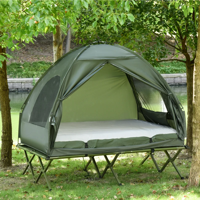 Outsunny Cama Dupla de Camping Dobrável com Tenda 4 em 1 Cama de Campismo Elevada com Colchão Insuflável e Saco de Transporte em Tecido Oxford 600D Aço 193x145x180 cm Verde