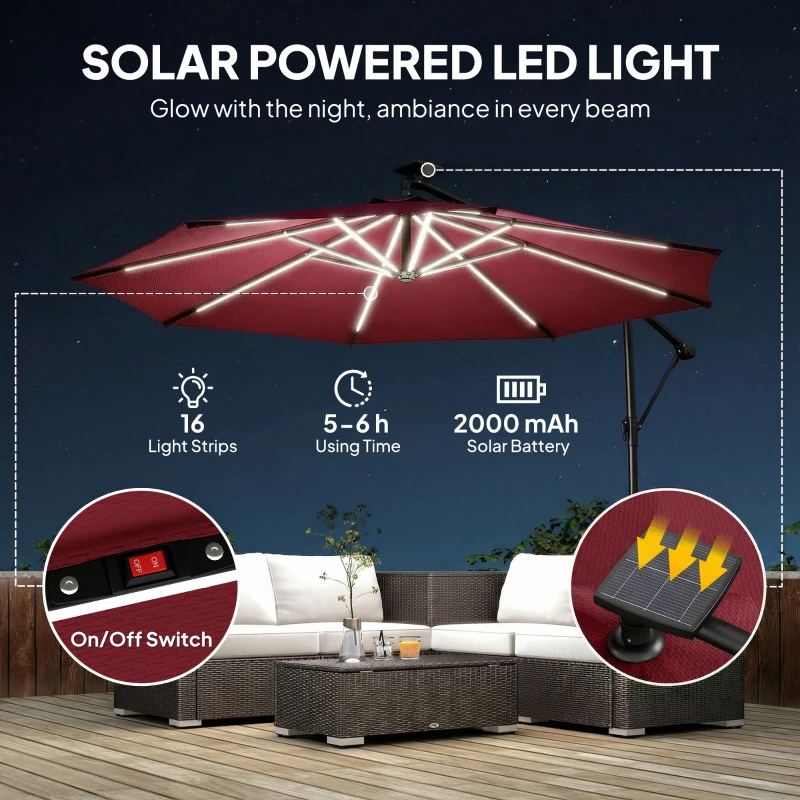 Outsunny 3 m Garden Cantilever Parasol with LED Solar Light, Round Overhanging Umbrella with 360° Rotation, Cover, Wine Red