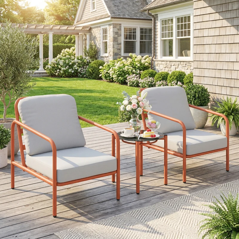 Outsunny Salon de Jardin 3 Pièces, 2 Fauteuils, 1 Table Basse, Coussins Épais, Plateau en Verre Trempé, 63x77x76cm, Rouge Vineux