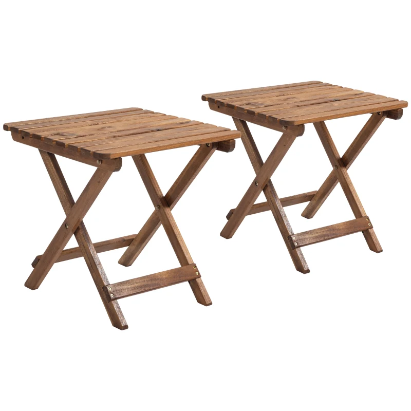 Outsunny Stolik pomocniczy na zewnątrz, 2 sztuki stolik ogrodowy, Składany stolik kempingowy z drewna, Stolik do ogrodu, balkonu, Teak, 45 x 45 x 45 cm