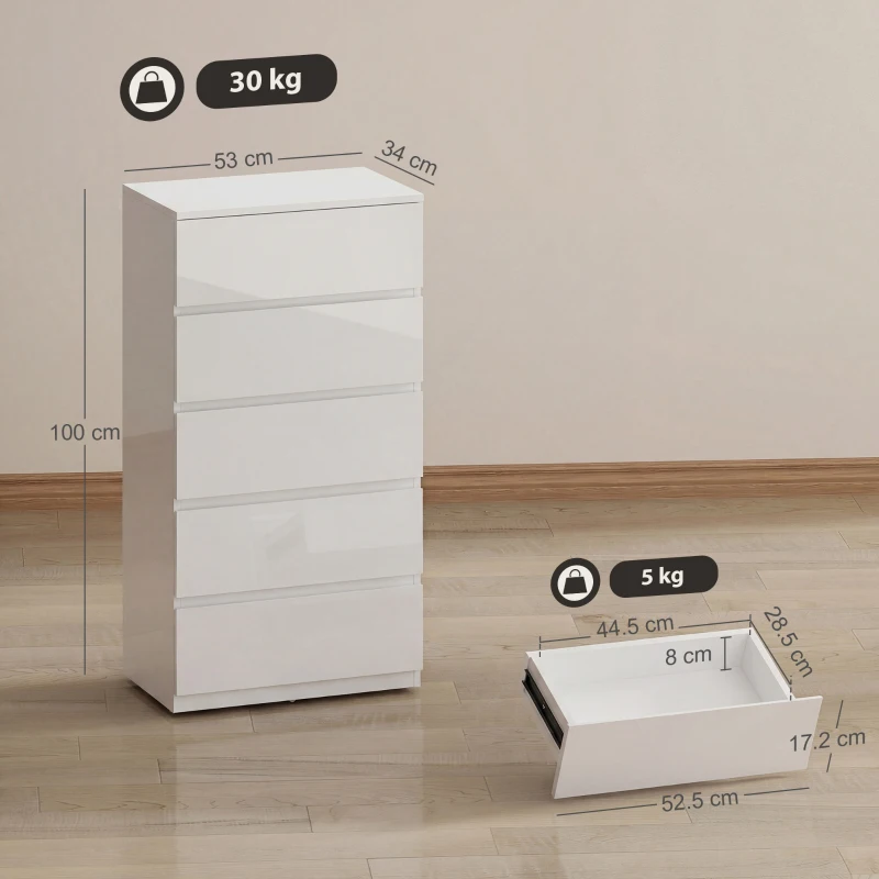 HOMCOM Chest of Drawers, 5-Drawer Storage Cabinets, Modern Dresser, Storage Drawer Unit for Bedroom