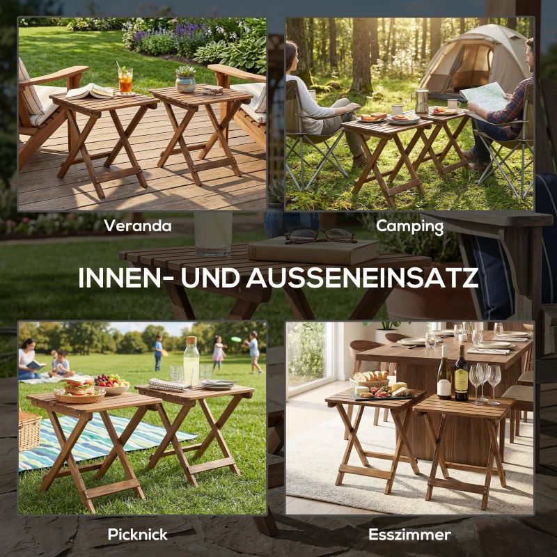 Outsunny Terrassentisch-Set, 2 Klapptische aus Akazienholz, 45x45x45cm, Teak