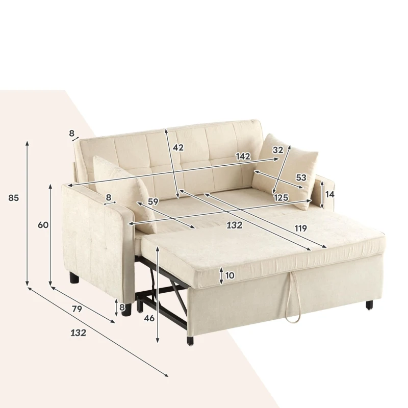 Divano letto a due posti con funzione letto, estraibile, schienale regolabile, rivestimento in chenille, 142x79x85 cm, Beige