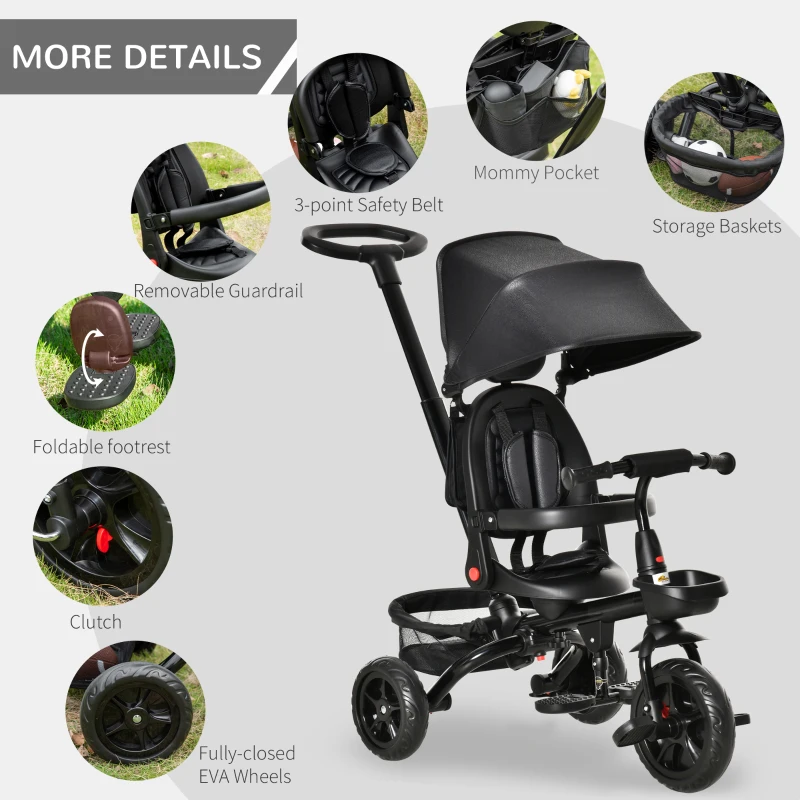HOMCOM Triciclo Bebé 4 en 1 Bicicleta para Niños 1-5 Años con Asiento Giratorio Capota Ajustable Mango de Empuje Telescópico y Reposapiés Plegable Carga 25 kg 111,5x52x98 cm Negro