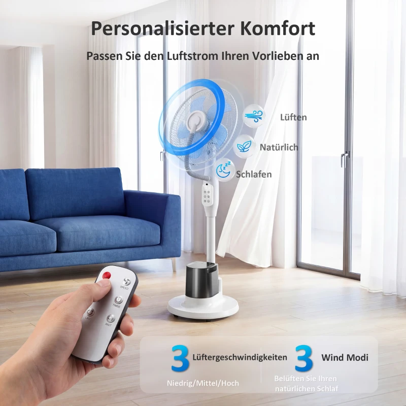 HOMCOM Stehventilator mit Sprühnebel, 70° Oszillation, 3 Geschwindigkeiten, 3 Modi, 3,5L Wassertank, Weiß