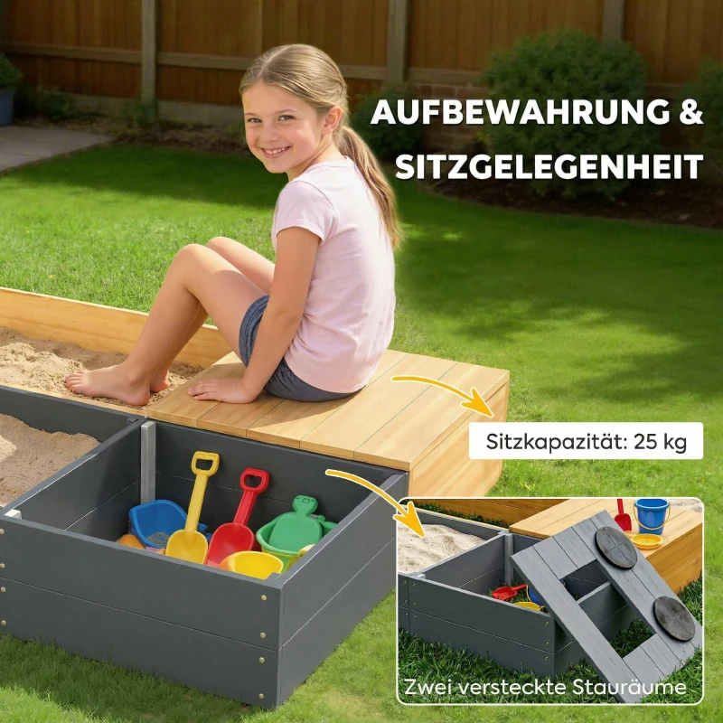 AIYAPLAY Sandkasten 2-teilig 150x90cm Holz Sandkiste mit Sitzbank Stauraum Herd herausnehmbarem Waschbecken Abakusperlen Gelb