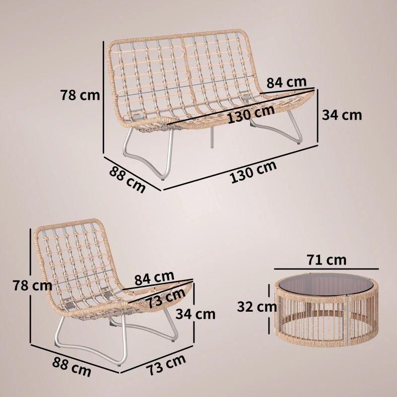 Outsunny Zestaw Mebli Ogrodowych 4-częściowy Zestaw Rattanowy z Sofą Dwuosobową, 2 Fotelami, Stolik ze Szkłem, Szerokie i Głębokie Siedziska, Grube Poduszki