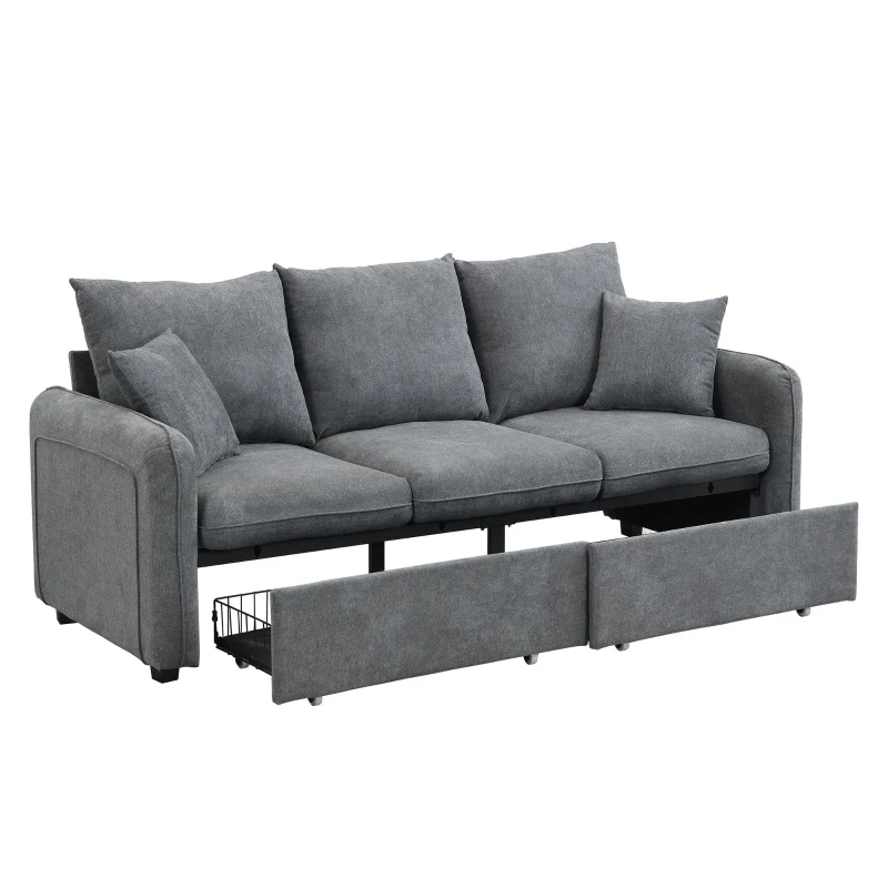 Divano angolare a U, con vano contenitore, pouf incluso, rivestimento in chenille, 188x186x86 cm, Grigio scuro