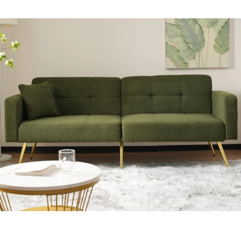 Divano letto con funzione letto, schienale regolabile, gambe dorate, rivestimento in sherpa, 175x64x72 cm, Verde