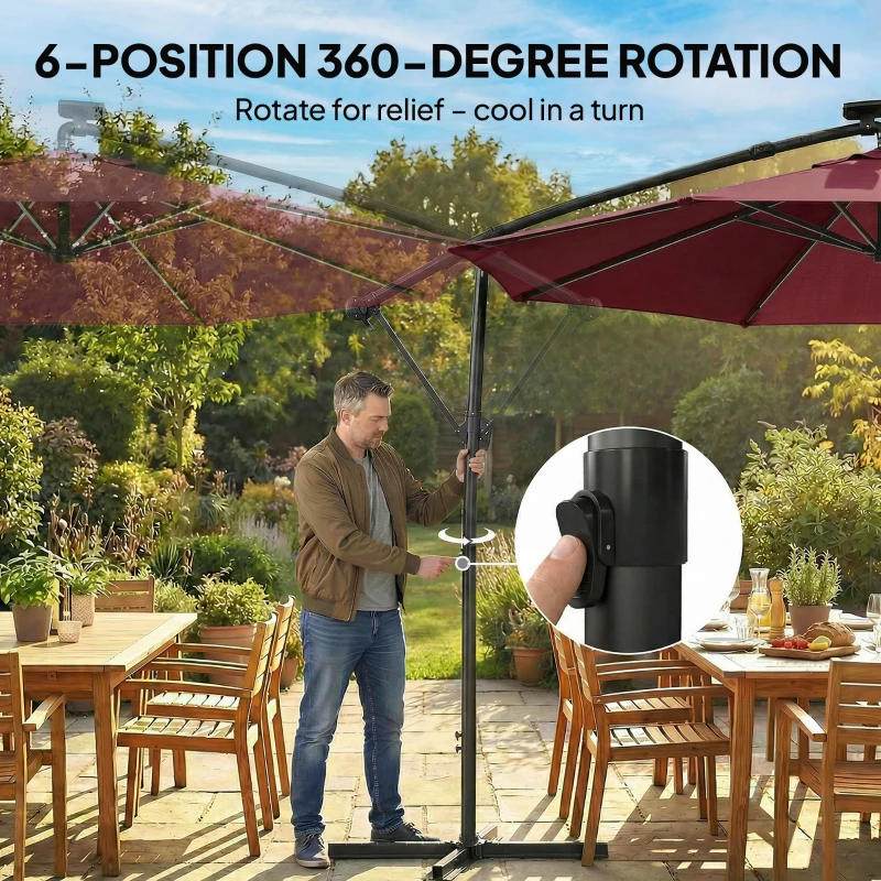 Outsunny 3 m Garden Cantilever Parasol with LED Solar Light, Round Overhanging Umbrella with 360° Rotation, Cover, Wine Red