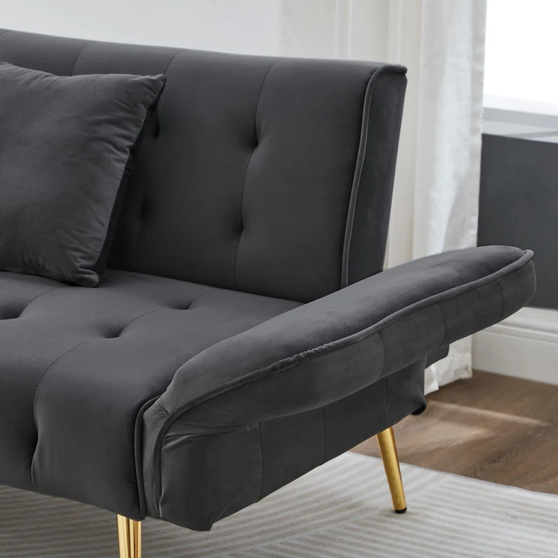 Divano-letto 2 posti, rivestimento in velluto, piedi dorati, 178x82x70 cm, Grigio