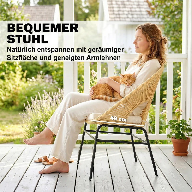 Outsunny Rattan Bistroset 3 teiliges Gartenmöbel-Set mit 2 Gartenstühlen, Glastisch, waschbaren Kissen, Ergonomisch