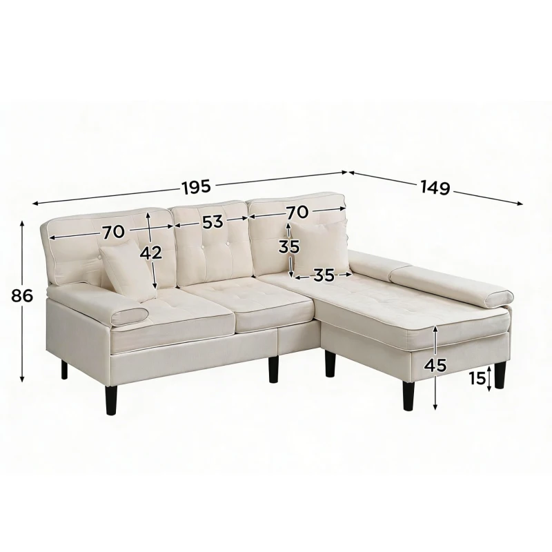 Divano angolare a L in chenille, pouf mobile, cuscini inclusi, 195x149x86 cm, Beige chiaro