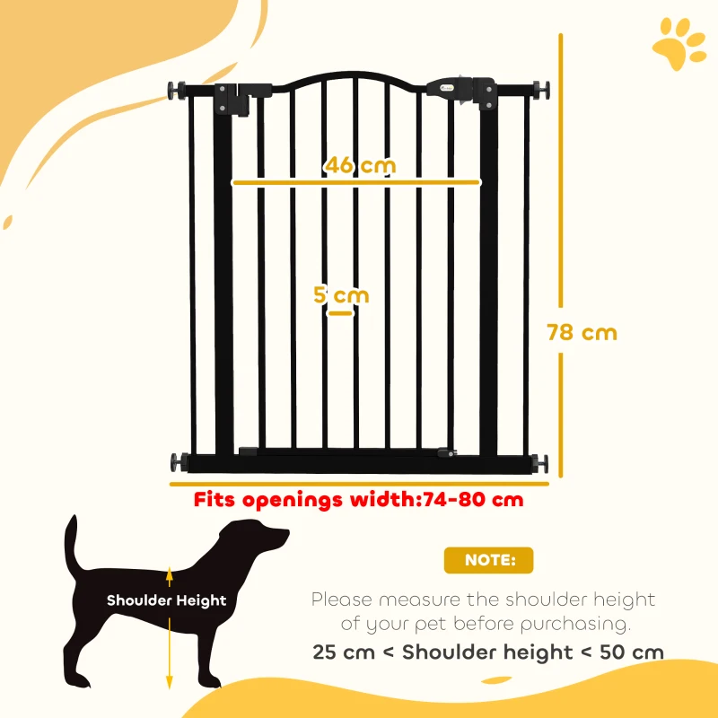 PawHut Metal 74-80cm Adjustable Pet Gate Safety Barrier w/ Auto-Close Door Black
