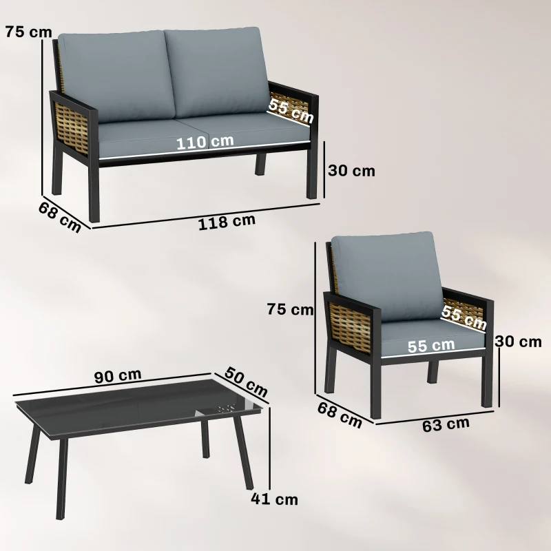 Outsunny 4 Seater Rattan Garden Furniture Set with 2 Armchairs, Loveseat, Coffee Table, Garden Sofa Set with Cushions, Grey